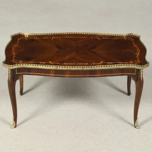 Mesa de Centro Antiga Estilo Inglês com Marchetaria e Bronze