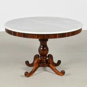 Mesa de Jantar Redonda em Jacarandá Maciço com Tampo em Mármore e Borda Canelada